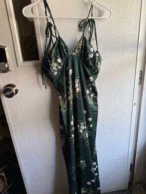Green Floral Satin Maxi Dress